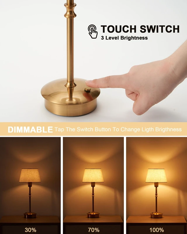 Alt view image 6 of 7 - 2 Pack Small Cordless Rechargeable Table Lamp, Battery Operated Lamp 3 Level Brightness Dimmable, Portable Accent Light for End Table Restaurant Dining Outdoor, Beige Fabric Shade, Antique Brass