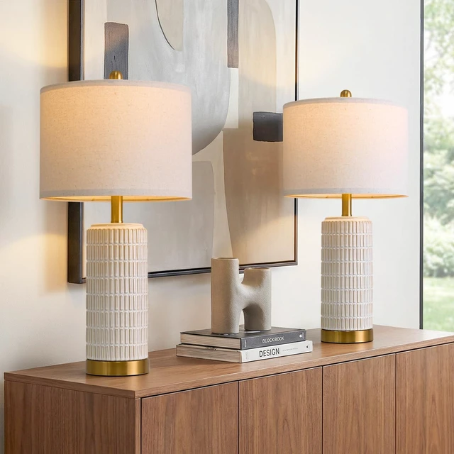 Main image of 25'' Modern Table Lamps Set of 2 for Living Room with Gold Base, White Farmhouse Bedside Lamps for Bedroom, Nightstand Lamps for Office End Table Hallway Home Decor Gift, Beige and White