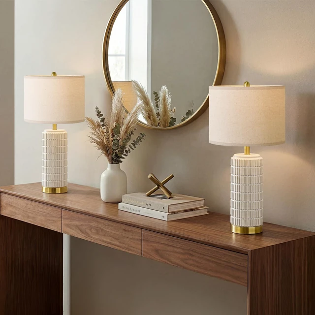 Alt view image 2 of 7 - 25'' Modern Table Lamps Set of 2 for Living Room with Gold Base, White Farmhouse Bedside Lamps for Bedroom, Nightstand Lamps for Office End Table Hallway Home Decor Gift, Beige and White