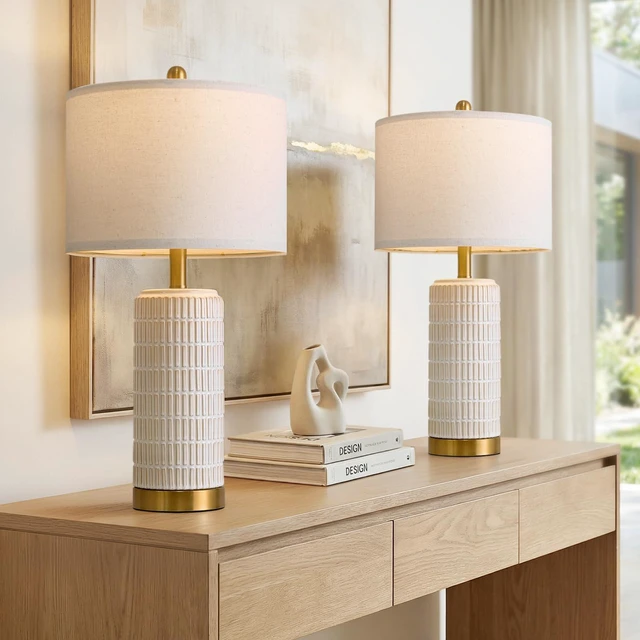 Alt view image 4 of 7 - 25'' Modern Table Lamps Set of 2 for Living Room with Gold Base, White Farmhouse Bedside Lamps for Bedroom, Nightstand Lamps for Office End Table Hallway Home Decor Gift, Beige and White