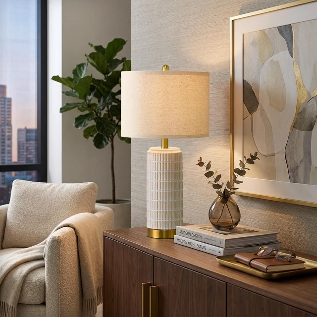 Alt view image 5 of 7 - 25'' Modern Table Lamps Set of 2 for Living Room with Gold Base, White Farmhouse Bedside Lamps for Bedroom, Nightstand Lamps for Office End Table Hallway Home Decor Gift, Beige and White