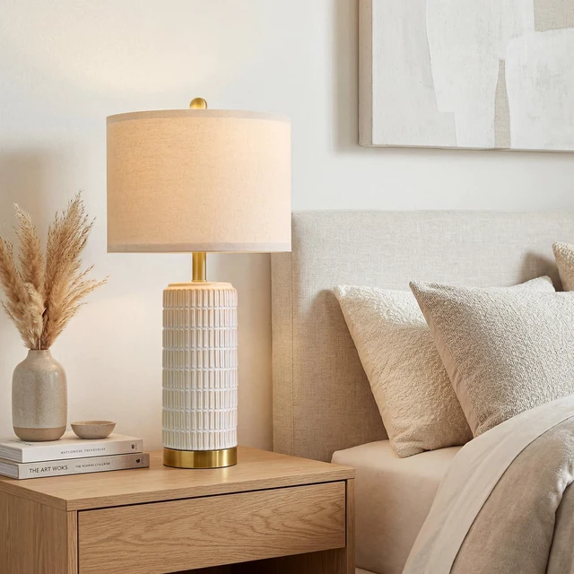 Alt view image 6 of 7 - 25'' Modern Table Lamps Set of 2 for Living Room with Gold Base, White Farmhouse Bedside Lamps for Bedroom, Nightstand Lamps for Office End Table Hallway Home Decor Gift, Beige and White