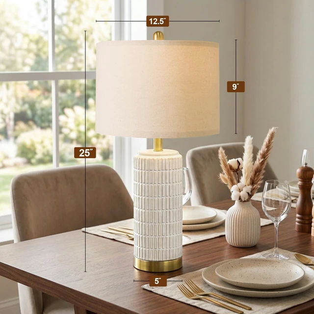 Alt view image 7 of 7 - 25'' Modern Table Lamps Set of 2 for Living Room with Gold Base, White Farmhouse Bedside Lamps for Bedroom, Nightstand Lamps for Office End Table Hallway Home Decor Gift, Beige and White