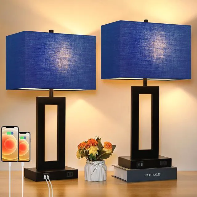 Main image of 22" Modern Touch Control Table Lamp Set of 2 with 2 USB Ports 3 Way Dimmable, Blue Fabric Shade, E26 Base, Desk Lamp for Living Room, Bedroom, End Tables Reading, 2 Bulbs Included
