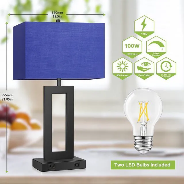 Alt view image 3 of 7 - 22" Modern Touch Control Table Lamp Set of 2 with 2 USB Ports 3 Way Dimmable, Blue Fabric Shade, E26 Base, Desk Lamp for Living Room, Bedroom, End Tables Reading, 2 Bulbs Included