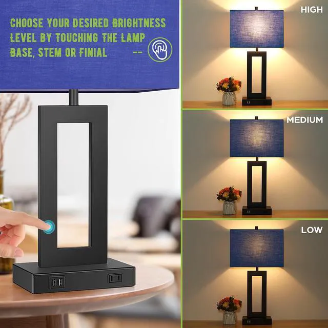 Alt view image 4 of 7 - 22" Modern Touch Control Table Lamp Set of 2 with 2 USB Ports 3 Way Dimmable, Blue Fabric Shade, E26 Base, Desk Lamp for Living Room, Bedroom, End Tables Reading, 2 Bulbs Included