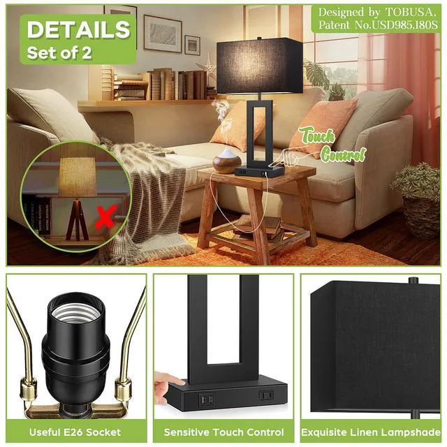 Alt view image 6 of 7 - 22" Modern Touch Control Table Lamp Set of 2 with 2 USB Ports 3 Way Dimmable, Blue Fabric Shade, E26 Base, Desk Lamp for Living Room, Bedroom, End Tables Reading, 2 Bulbs Included