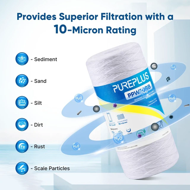 Alt view image 2 of 7 - 10 Micron 10 x 4.5 Whole House Water Filter for Well Water 4 Pack Compatible with WPX5BB97P, PC10, CW5-BBS, 355215-45. 10 Micron 10 x 4.5 Whole House String Wound Sediment Filter