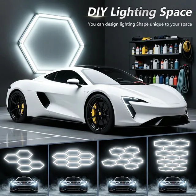Alt view image 3 of 7 - Hexagon LED Garage Light, 322W 6500K Super Bright Honeycomb Ceiling Light, Easy Install DIY Hex Light for Workshop Warehouse Gym Auto Detailing Commercial Exhibition Hall (11 Grids)