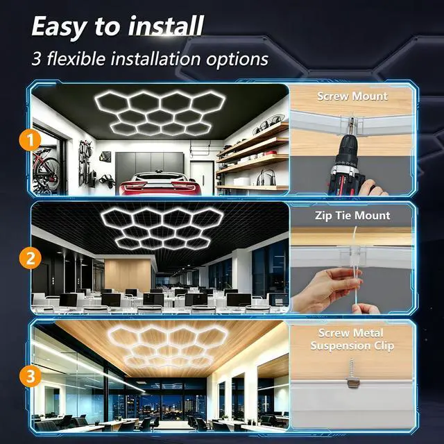 Alt view image 4 of 7 - Hexagon LED Garage Light, 322W 6500K Super Bright Honeycomb Ceiling Light, Easy Install DIY Hex Light for Workshop Warehouse Gym Auto Detailing Commercial Exhibition Hall (11 Grids)