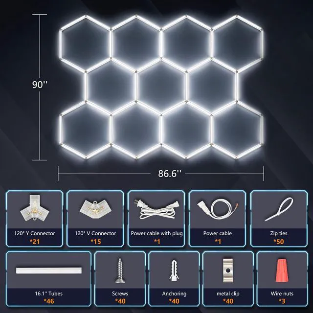 Alt view image 5 of 7 - Hexagon LED Garage Light, 322W 6500K Super Bright Honeycomb Ceiling Light, Easy Install DIY Hex Light for Workshop Warehouse Gym Auto Detailing Commercial Exhibition Hall (11 Grids)