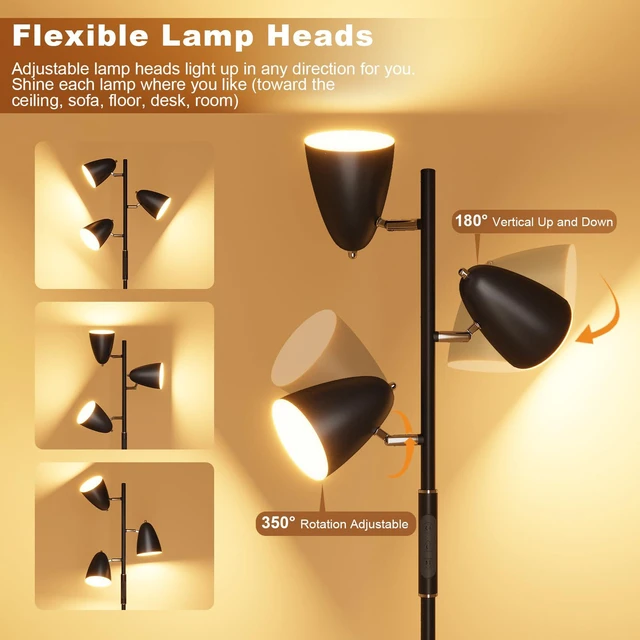 Alt view image 3 of 7 - LED Floor Lamp for Living Room, Modern Dimmable Standing Lamp with 4 Color Temperature,Remote and Touch Control, Tree Floor Lamp for Bedroom with 3 Rotatable Lights Bright Stand up Lamp, Black