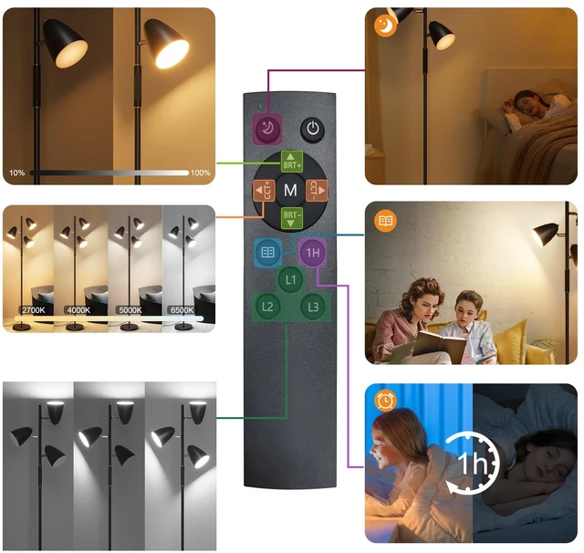 Alt view image 7 of 7 - LED Floor Lamp for Living Room, Modern Dimmable Standing Lamp with 4 Color Temperature,Remote and Touch Control, Tree Floor Lamp for Bedroom with 3 Rotatable Lights Bright Stand up Lamp, Black