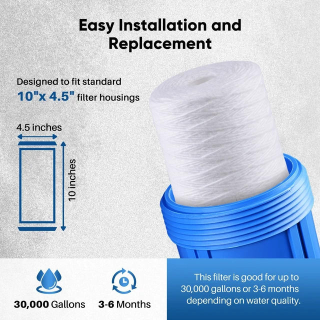 Alt view image 6 of 7 - 10 Micron 10 x 4.5 Whole House Water Filter for Well Water 4 Pack Compatible with WPX5BB97P, PC10, CW5-BBS, 355215-45. 10 Micron 10 x 4.5 Whole House String Wound Sediment Filter