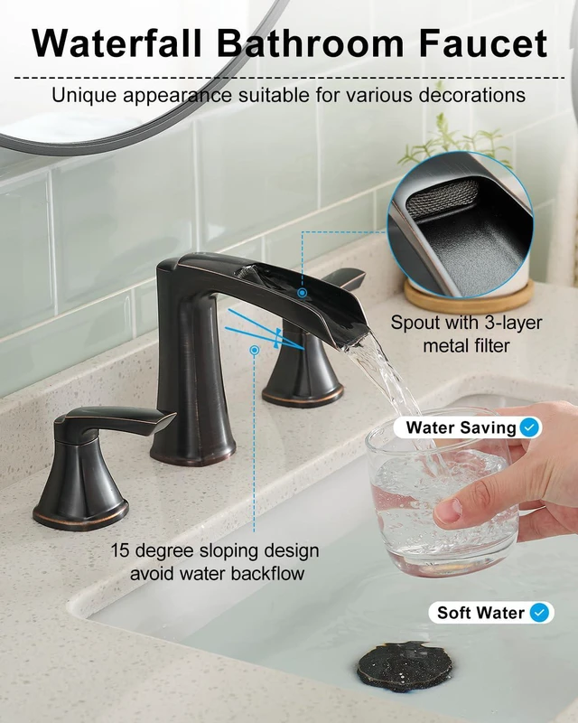Alt view image 2 of 7 - Oil Rubbed Bronze Bathroom Faucet, Waterfall Faucet Bathroom Sink 3 Hole 2-handle 8 Inch Widespread Bronze Bathroom Faucets with Pop-up Drain,Lead-free Brass