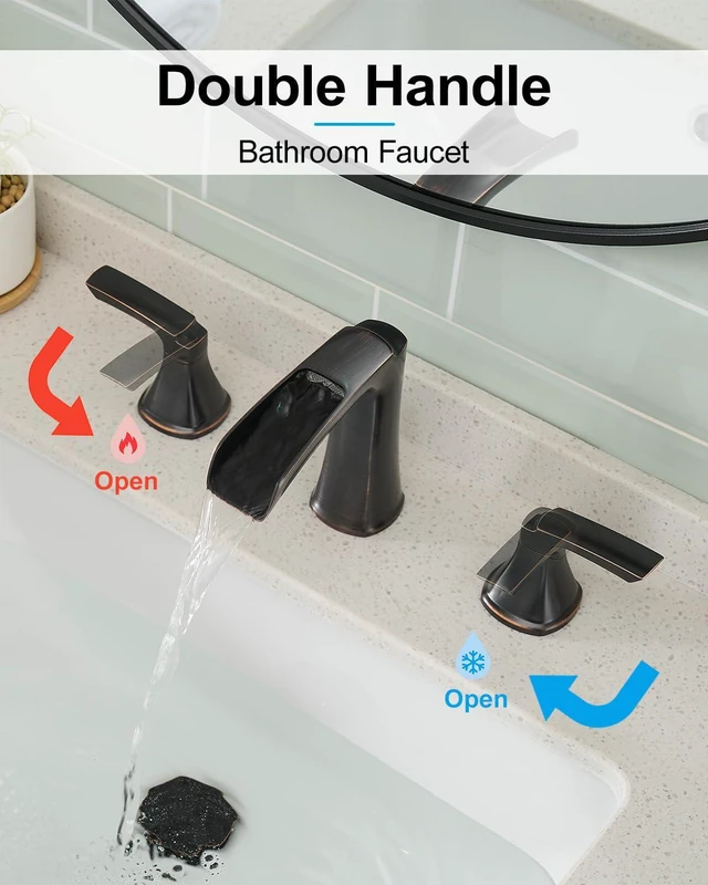 Alt view image 3 of 7 - Oil Rubbed Bronze Bathroom Faucet, Waterfall Faucet Bathroom Sink 3 Hole 2-handle 8 Inch Widespread Bronze Bathroom Faucets with Pop-up Drain,Lead-free Brass