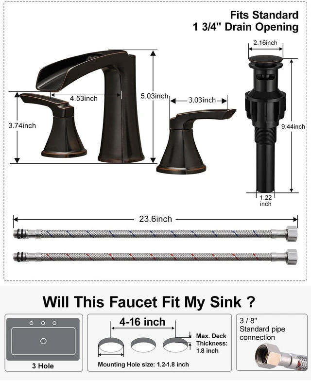 Alt view image 6 of 7 - Oil Rubbed Bronze Bathroom Faucet, Waterfall Faucet Bathroom Sink 3 Hole 2-handle 8 Inch Widespread Bronze Bathroom Faucets with Pop-up Drain,Lead-free Brass