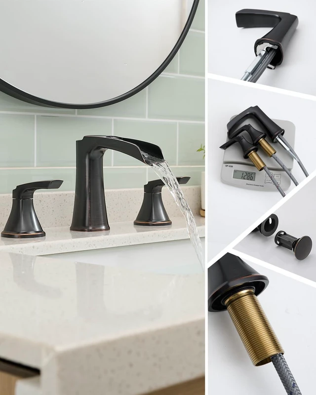 Alt view image 7 of 7 - Oil Rubbed Bronze Bathroom Faucet, Waterfall Faucet Bathroom Sink 3 Hole 2-handle 8 Inch Widespread Bronze Bathroom Faucets with Pop-up Drain,Lead-free Brass