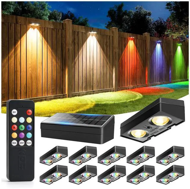 Main image of Fence Lights Solar Powered with Remote 12 Pack, Warm White, Cool White and RGB Color Glow LED Solar Lights Outdoor, Dusk to Dawn Solar Fence Lights for Patio, Backyard, Railing, Deck, and Wall