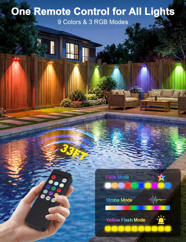Alt view image 2 of 7 - Fence Lights Solar Powered with Remote 12 Pack, Warm White, Cool White and RGB Color Glow LED Solar Lights Outdoor, Dusk to Dawn Solar Fence Lights for Patio, Backyard, Railing, Deck, and Wall