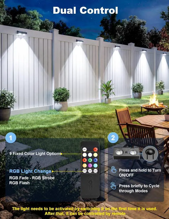 Alt view image 3 of 7 - Fence Lights Solar Powered with Remote 12 Pack, Warm White, Cool White and RGB Color Glow LED Solar Lights Outdoor, Dusk to Dawn Solar Fence Lights for Patio, Backyard, Railing, Deck, and Wall