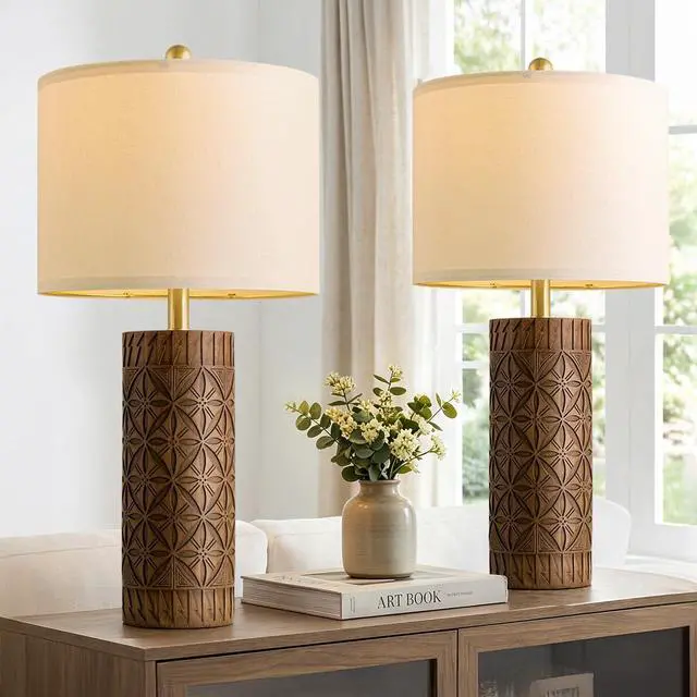 Main image of 27" Tall Table Lamps Set of 2, Modern Farmhouse Geometric Bedside Lamps, Rustic Wood Grain Resin Nightstand Lamps for Living Room, Bedroom, Entryway, Linen Shade, Cottage Home Decor