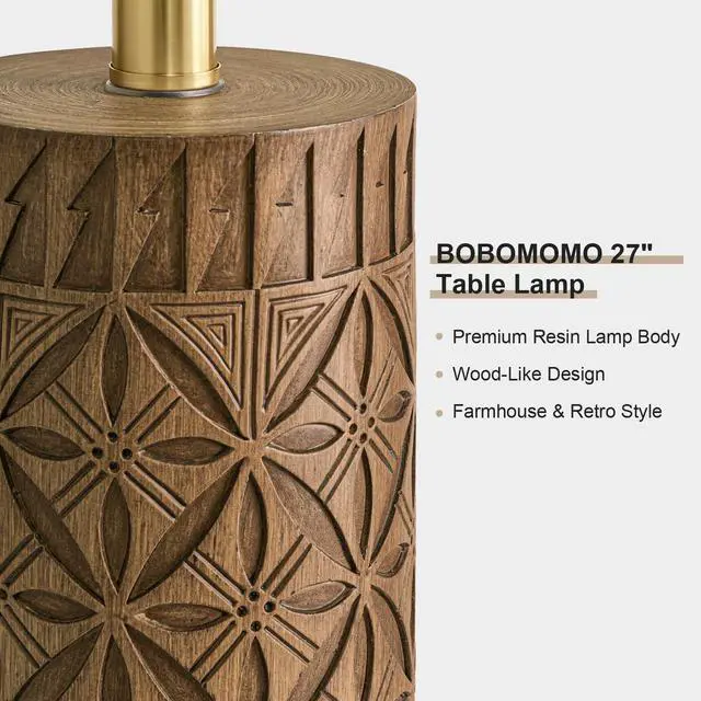 Alt view image 2 of 7 - 27" Tall Table Lamps Set of 2, Modern Farmhouse Geometric Bedside Lamps, Rustic Wood Grain Resin Nightstand Lamps for Living Room, Bedroom, Entryway, Linen Shade, Cottage Home Decor