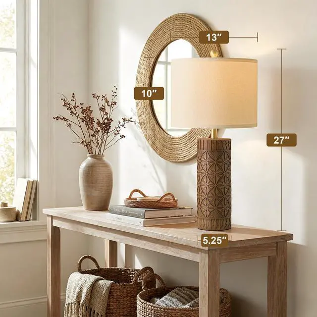 Alt view image 4 of 7 - 27" Tall Table Lamps Set of 2, Modern Farmhouse Geometric Bedside Lamps, Rustic Wood Grain Resin Nightstand Lamps for Living Room, Bedroom, Entryway, Linen Shade, Cottage Home Decor