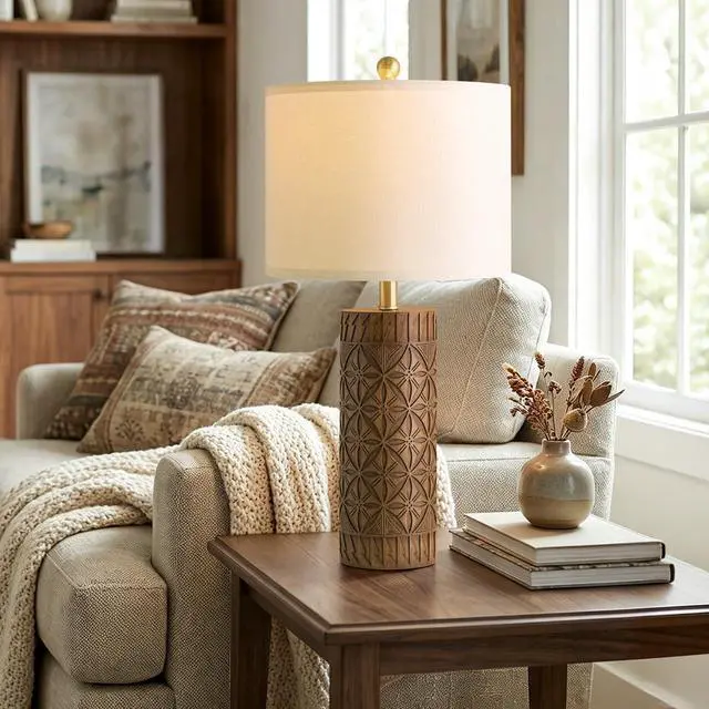 Alt view image 3 of 7 - 27" Tall Table Lamps Set of 2, Modern Farmhouse Geometric Bedside Lamps, Rustic Wood Grain Resin Nightstand Lamps for Living Room, Bedroom, Entryway, Linen Shade, Cottage Home Decor