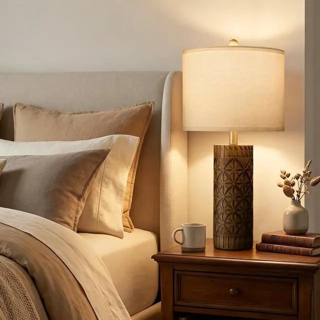 Alt view image 5 of 7 - 27" Tall Table Lamps Set of 2, Modern Farmhouse Geometric Bedside Lamps, Rustic Wood Grain Resin Nightstand Lamps for Living Room, Bedroom, Entryway, Linen Shade, Cottage Home Decor