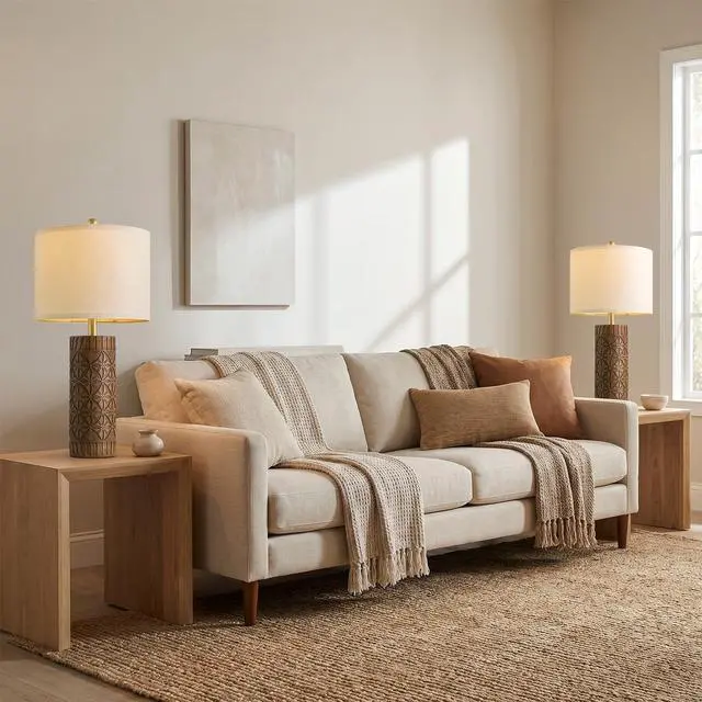 Alt view image 6 of 7 - 27" Tall Table Lamps Set of 2, Modern Farmhouse Geometric Bedside Lamps, Rustic Wood Grain Resin Nightstand Lamps for Living Room, Bedroom, Entryway, Linen Shade, Cottage Home Decor