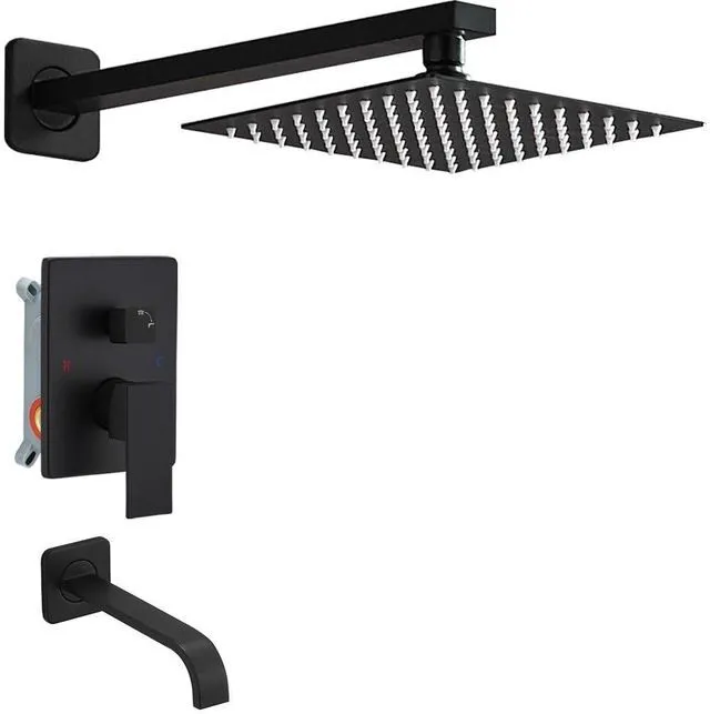 Main image of Matte Black Shower Faucet Set with Tub Spout Bathroom Luxury Rain Mixer Shower Head System Wall Mounted Shower Faucet Complete, Single Handle Tub and Shower Trim Kit with Rough-in Valve