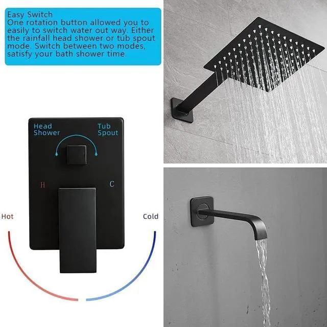 Alt view image 2 of 7 - Matte Black Shower Faucet Set with Tub Spout Bathroom Luxury Rain Mixer Shower Head System Wall Mounted Shower Faucet Complete, Single Handle Tub and Shower Trim Kit with Rough-in Valve