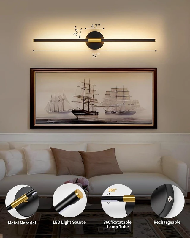 Alt view image 6 of 7 - 24" Battery Operated Wall Sconce Set of 2, 350° Rotating Lamp, Black Gold Wireless, 8000mAh Rechargeable Battery, Stepless Dimming, 3000K-6000K, Remote & Touch Control, Timer, Living Room, Bedroom