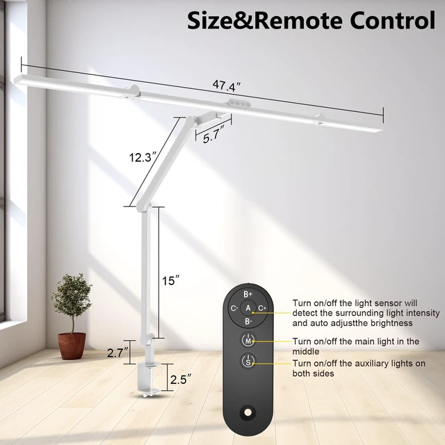 Alt view image 5 of 6 - 36W Ultra Bright Architect Desk Lamp with Clamp, Tall Overhead Rotatable Led Desk Light for Home Office, 47Inch Long Adjustable Monitor Light Bar with Remote for Computer Screen Desktop Table