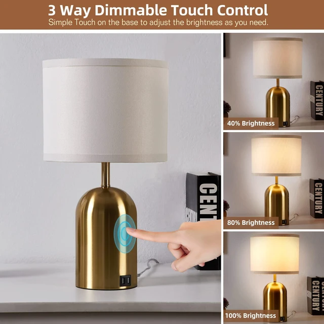 Alt view image 2 of 7 - Touch Control Table Lamps Set of 2, Gold Bedside Lamps for Bedroom 18" Modern Dimmable Desk Lamp for Nightstand Living Room Office, with 2 USB Charging Ports, Bulbs Included