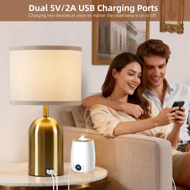 Alt view image 3 of 7 - Touch Control Table Lamps Set of 2, Gold Bedside Lamps for Bedroom 18" Modern Dimmable Desk Lamp for Nightstand Living Room Office, with 2 USB Charging Ports, Bulbs Included