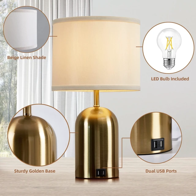 Alt view image 4 of 7 - Touch Control Table Lamps Set of 2, Gold Bedside Lamps for Bedroom 18" Modern Dimmable Desk Lamp for Nightstand Living Room Office, with 2 USB Charging Ports, Bulbs Included