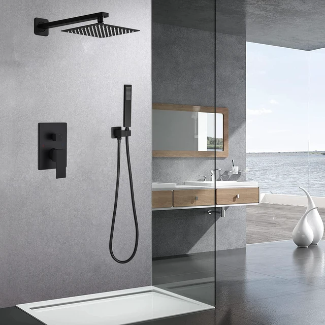 Alt view image 2 of 7 - Matte Black Shower System Bathroom Luxury Rain Mixer Shower Combo Set Wall Mounted Rainfall Shower Head System Shower Faucet Rough-in Valve Body and Trim Kit