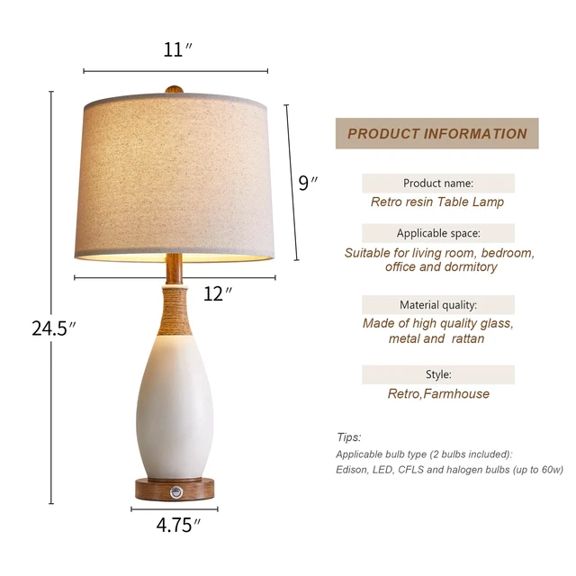 Alt view image 5 of 5 - 24.5 3-Way Dimmable Touch Control Bedside Table Lamp Set of 2 with USB and Type-C Charging Ports Modern Farmhouse Nightstand Lamp for Bedroom Living Room (Bulb Included)