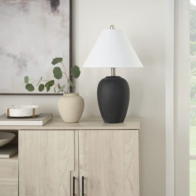 Alt view image 2 of 6 - Home 23" Black Vintage Distressed Ceramic Pot Table Lamp for Bedroom, Living Room, End Table, with White Conical Empire Shade