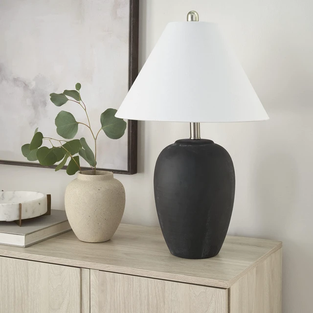 Main image of Home 23" Black Vintage Distressed Ceramic Pot Table Lamp for Bedroom, Living Room, End Table, with White Conical Empire Shade