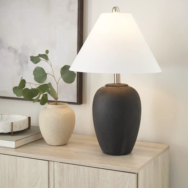 Alt view image 3 of 6 - Home 23" Black Vintage Distressed Ceramic Pot Table Lamp for Bedroom, Living Room, End Table, with White Conical Empire Shade