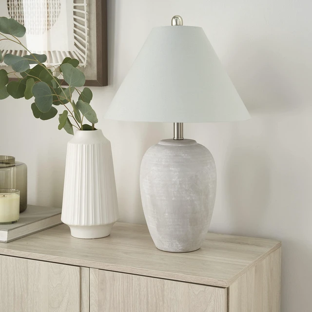Main image of Home 23" Grey Vintage Distressed Ceramic Pot Table Lamp for Bedroom, Living Room, End Table, with Grey Conical Empire Shade