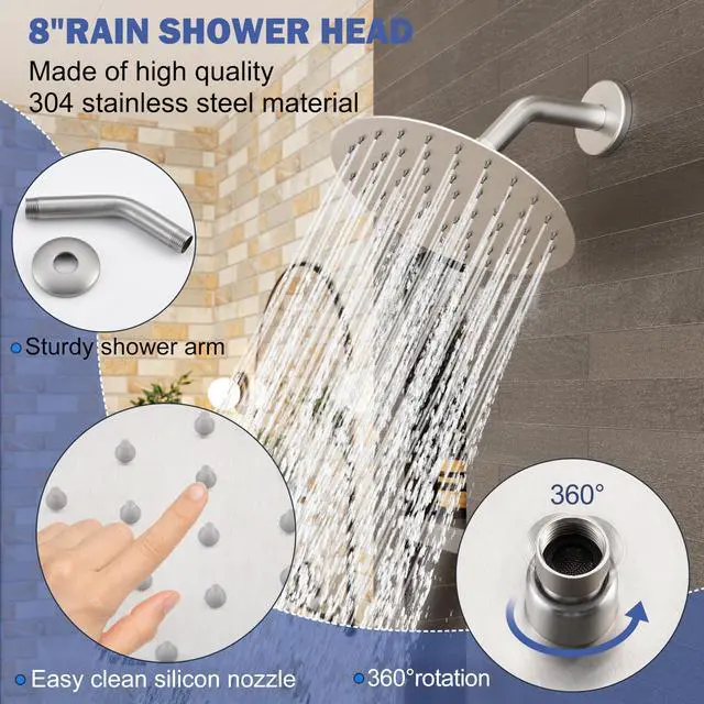 Alt view image 4 of 7 - Tub Shower Faucet Set, 8" Rain Shower Head & Spout, Brushed Nickel All-Metal Rainfall Showerhead and Bathtub Spout, Single-Handle Tub Shower-Trim Kit Included Valve, for Bathroom