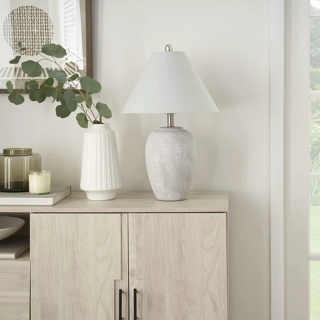 Alt view image 3 of 5 - Home 23" Grey Vintage Distressed Ceramic Pot Table Lamp for Bedroom, Living Room, End Table, with Grey Conical Empire Shade