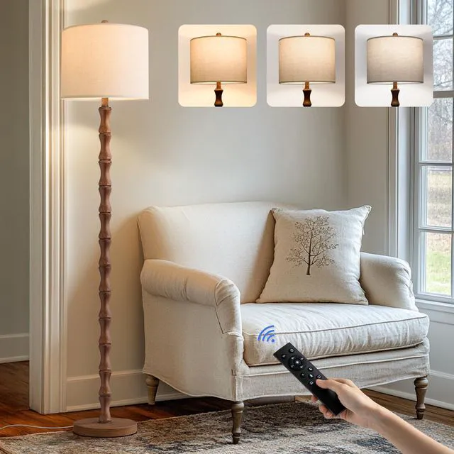 Main image of 62" Rustic Farmhouse Floor Lamp with Remote & Dimmable 9W Bulb, 3 Color Temperatures Tall Resin Standing Lamp, Retro Floor Lamp for Living Room, Bedroom, Office, Nursery, Reading Nock