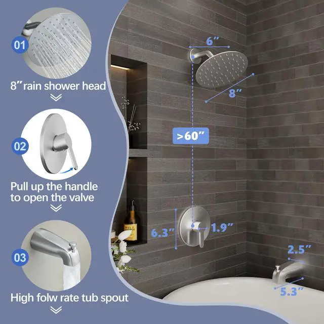 Alt view image 3 of 7 - Tub Shower Faucet Set, 8" Rain Shower Head & Spout, Brushed Nickel All-Metal Rainfall Showerhead and Bathtub Spout, Single-Handle Tub Shower-Trim Kit Included Valve, for Bathroom