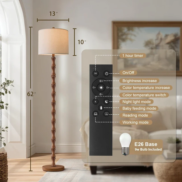 Alt view image 3 of 7 - 62" Rustic Farmhouse Floor Lamp with Remote & Dimmable 9W Bulb, 3 Color Temperatures Tall Resin Standing Lamp, Retro Floor Lamp for Living Room, Bedroom, Office, Nursery, Reading Nock