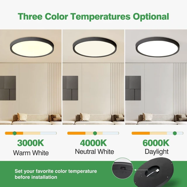 Alt view image 2 of 7 - 12Inch 12PK Black LED Flush Mount Ceiling Light, 24W, 2520LM, 3CCT 3000K/4000K/6000K CCT Selectable, Black Close to Ceiling Round Flat Panel Light, Super Slim LED Ceiling Light for Bedroom